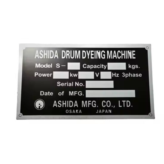 Custom anodized aluminum machine nameplate with engraved logo