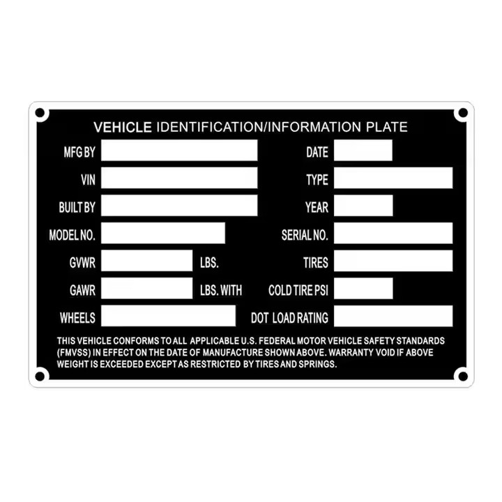 Custom anodized aluminum machine nameplate with engraved logo