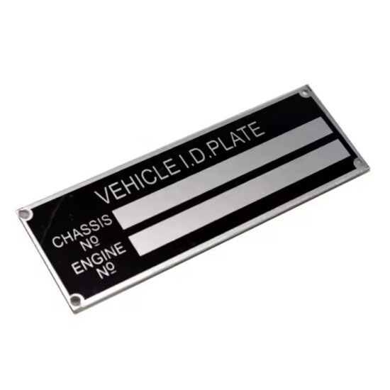 Custom anodized aluminum machine nameplate with engraved logo