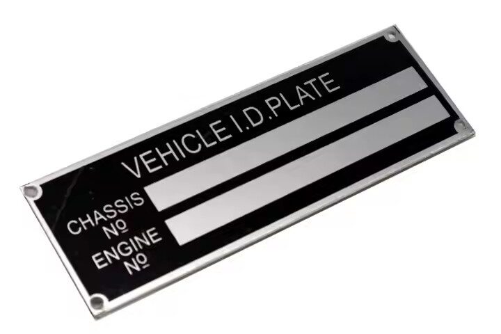 Custom anodized aluminum machine nameplate with engraved logo