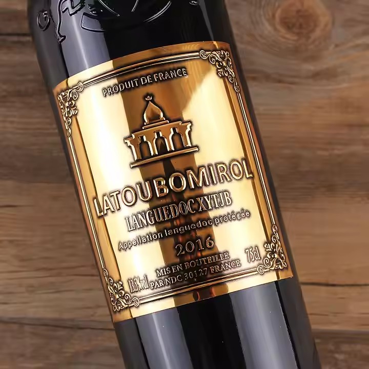 Gold Foil Embossed Champagne Wine Label on Aluminum