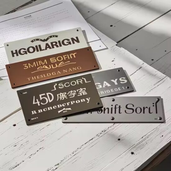 Brushed custom metal nameplate for furniture branding