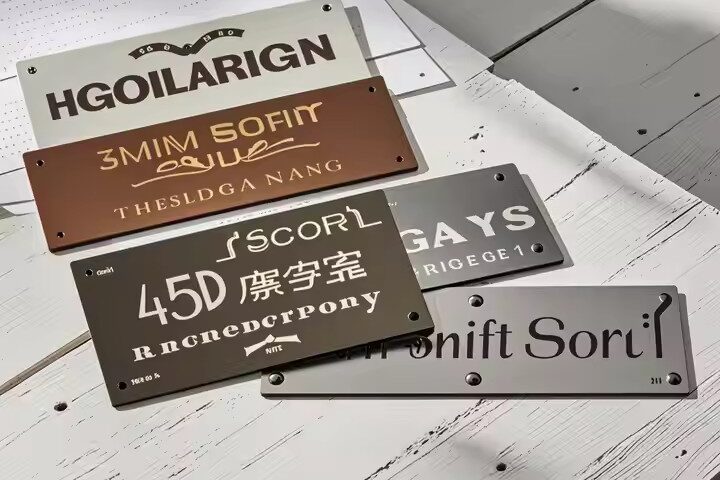 Brushed custom metal nameplate for furniture branding