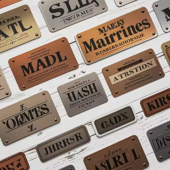 Brushed custom metal nameplate for furniture branding