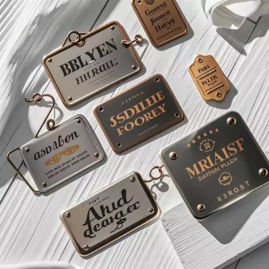 Brushed custom metal nameplate for furniture branding