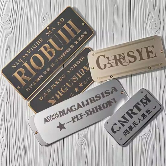 Brushed custom metal nameplate for furniture branding