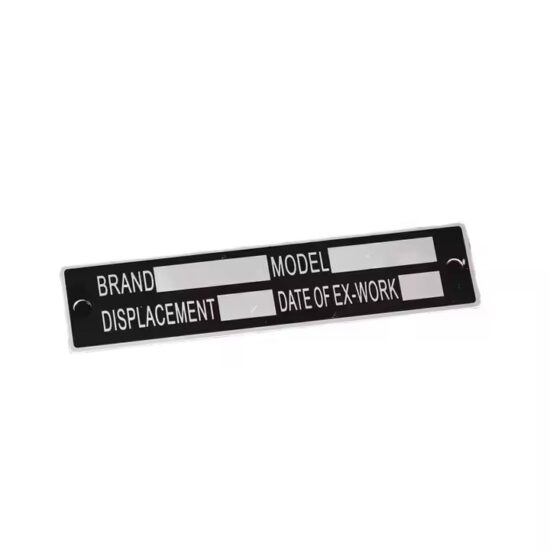Etched stainless steel nameplate for machinery identification