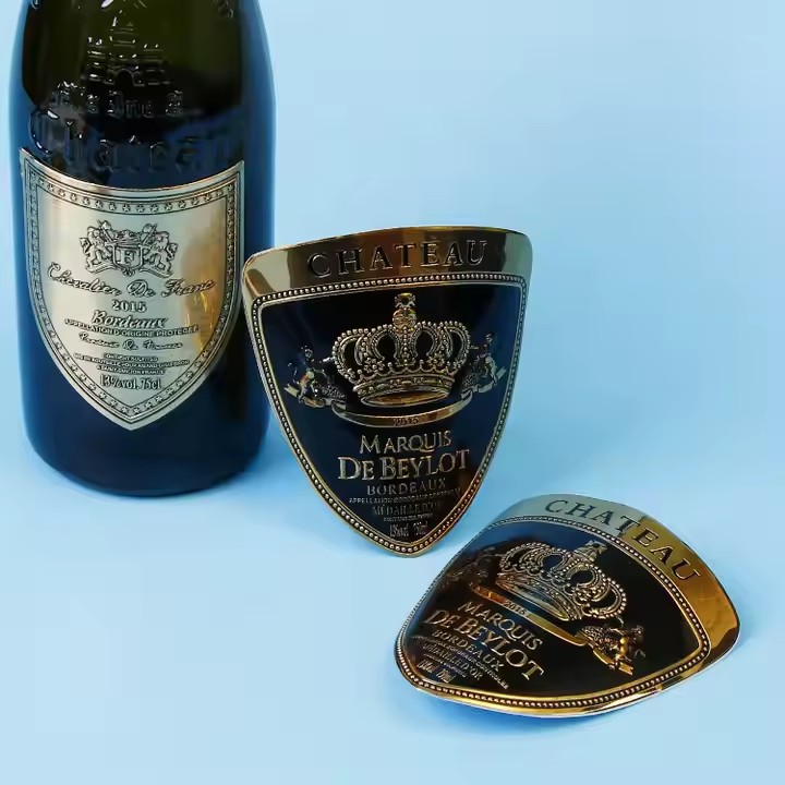 Premium waterproof embossed metal wine label with custom design