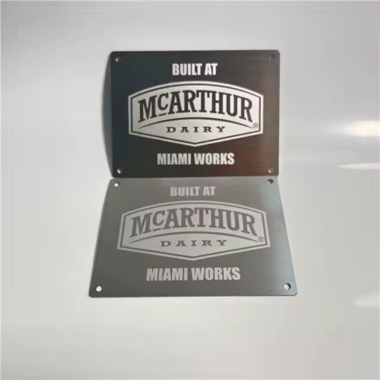 Custom stainless steel equipment metal nameplate with etched data

