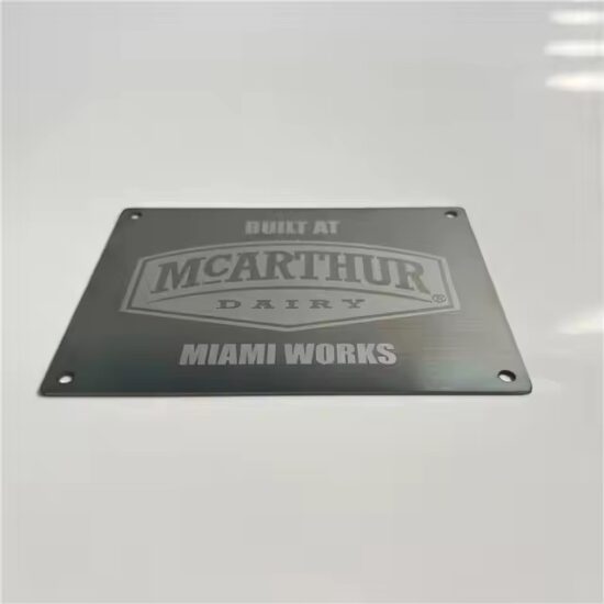 Custom stainless steel equipment metal nameplate with etched data

