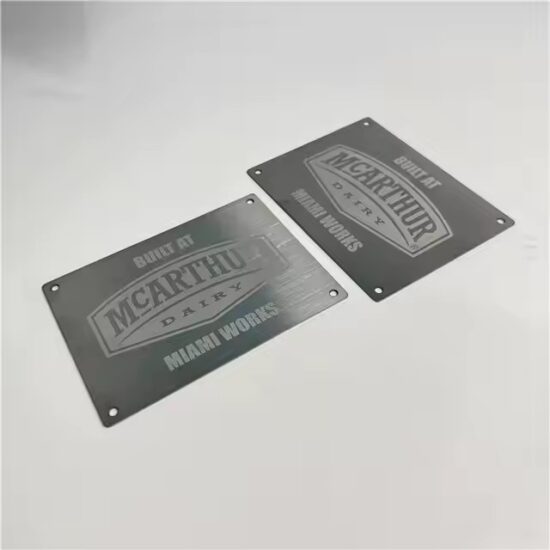Custom stainless steel equipment metal nameplate with etched data

