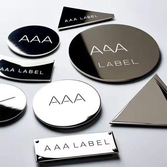 Custom brushed stainless steel nameplate with premium logo design