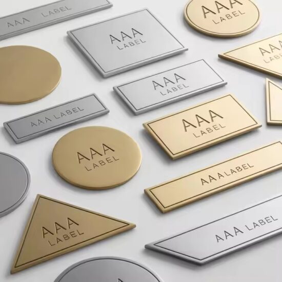 Custom brushed stainless steel nameplate with premium logo design