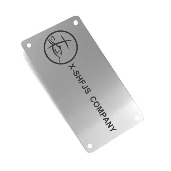 Custom brushed metal nameplate with laser-engraved details