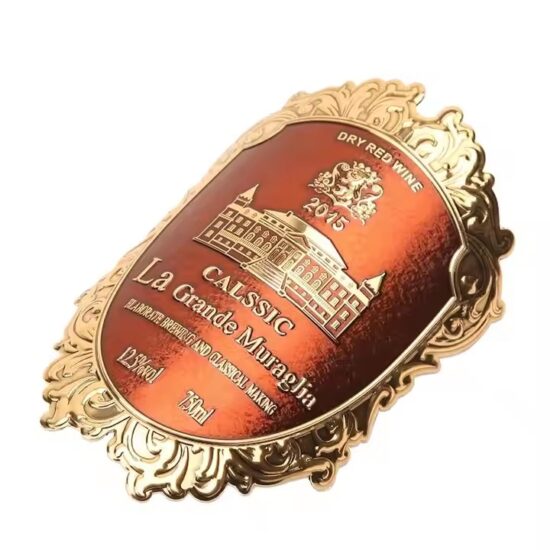 Custom embossed aluminum wine label for luxury bottle packaging