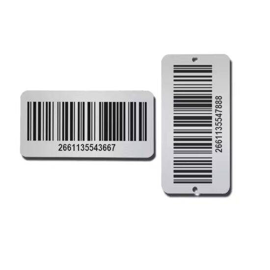 Custom printed barcode metal asset tags with self-adhesive backing