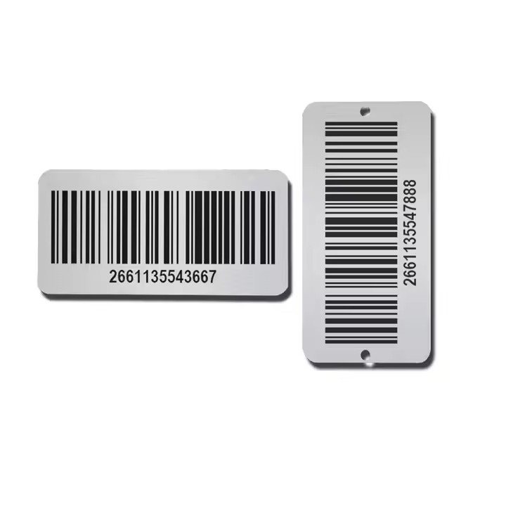 Custom printed barcode metal asset tags with self-adhesive backing