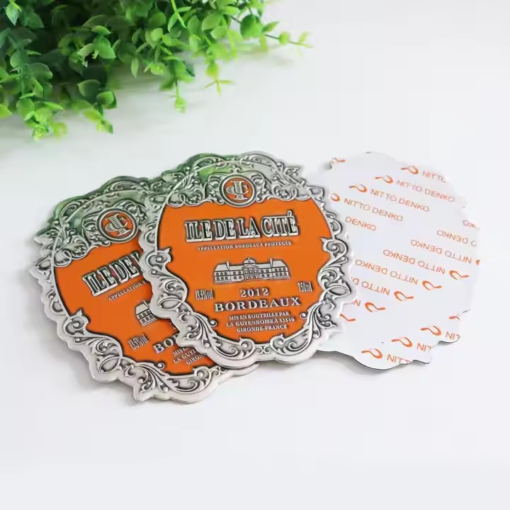 Custom adhesive aluminum wine label with embossed logo design
