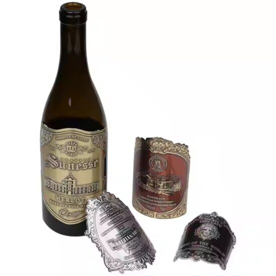 Custom embossed aluminum wine label with adhesive backing