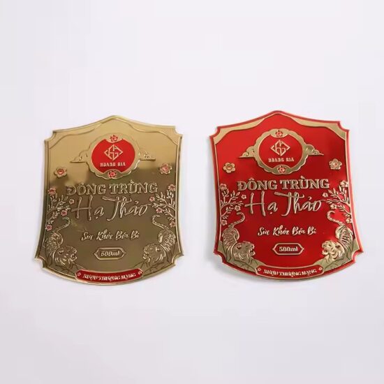 Custom Metal Labels for Wine and Champagne Bottles – Embossed Gold Finish
